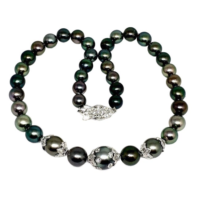 Diamond Tahitian Pearl Necklace 18k Gold 13.25 mm 17" Certified For Sale