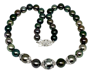 Diamond Tahitian Pearl Necklace 18k Gold 13.25 mm 17" Certified