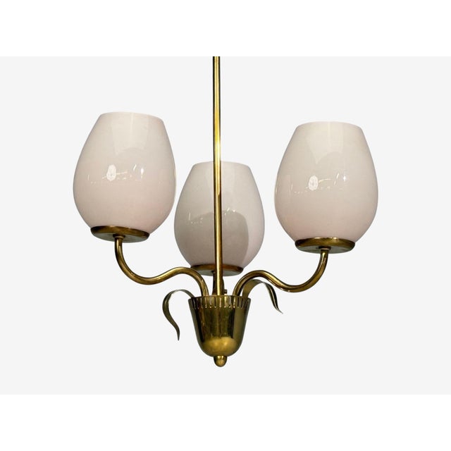 Cream 1950s Idman, Finnish Modern, Pendant Light, Brass, Pink Tinted Glass For Sale - Image 8 of 14