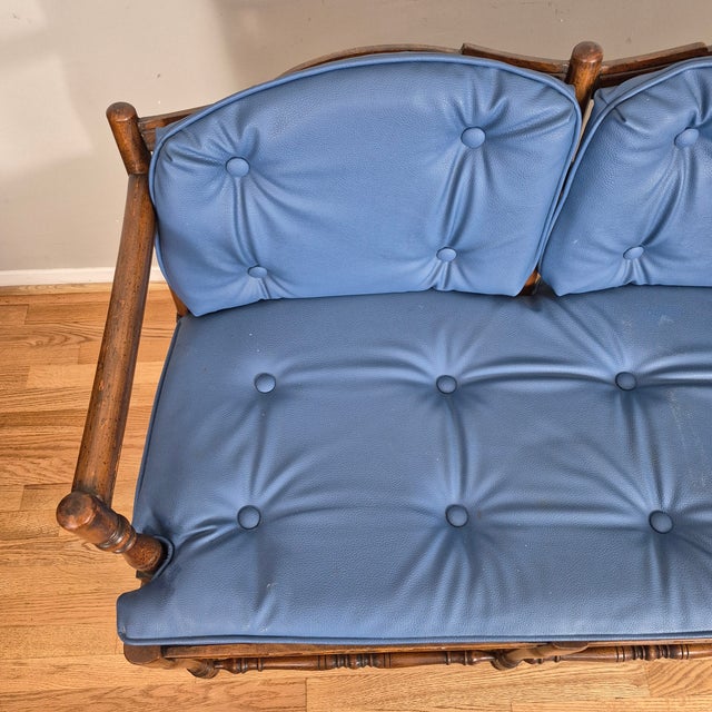 French Country Mid 20th Century French Country Petite Walnut Ladder Back Settee Bench W/ Blue Faux Leather Cushions For Sale - Image 3 of 14