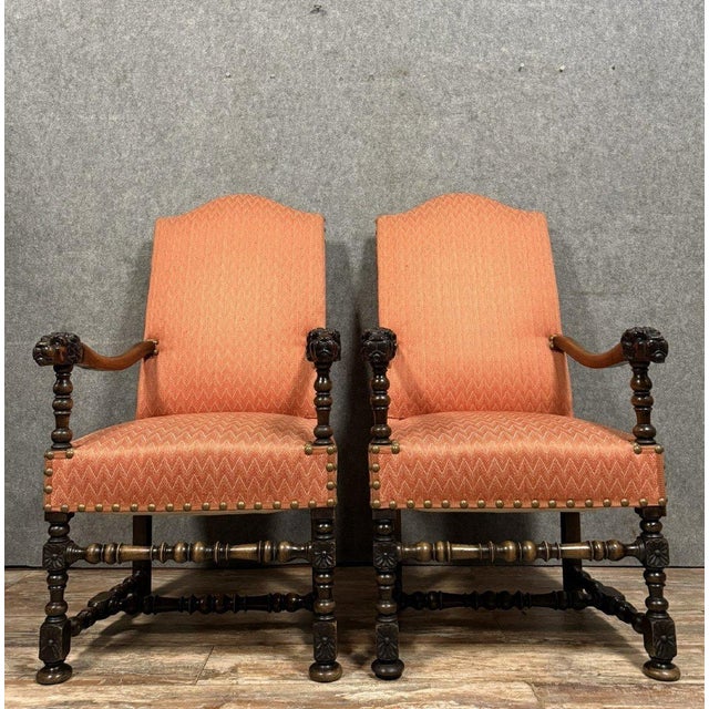 Louis XIII Style Armchairs in Carved Walnut, 1850s, Set of 2 For Sale - Image 6 of 6
