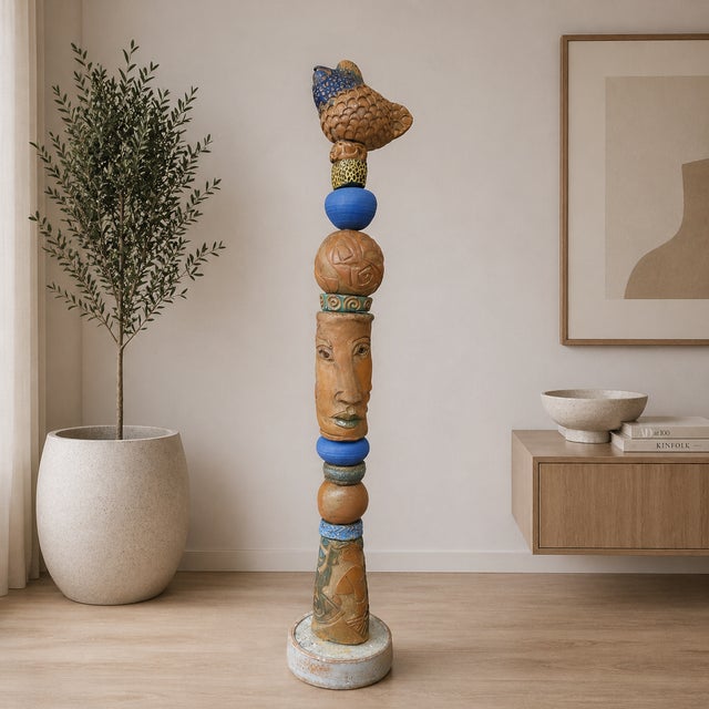 2020s Marc Zimmerman "Long Face Totem Sculpture 1" Glazed Ceramic, 65 Inches Tall, Elongated Face, Earth Tones, Blue Accents, Contemporary Art West Coast For Sale - Image 5 of 7