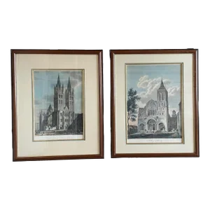 Antique French Engravings of Cathedrals. By Claude François Fortier. Abbaye De Vezelay and Eglise De L’Etienne à Caen