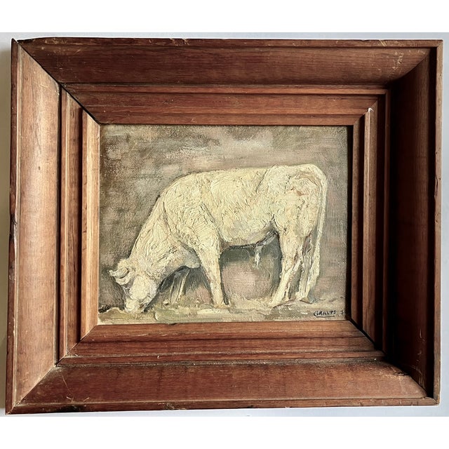 Paint American Folk Art Oil Painting of a White Cow or Bull Signed Graves and Dated 1931 For Sale - Image 7 of 8