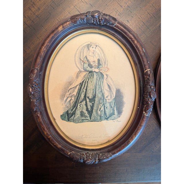 Pair of Vintage Framed French Historical Costume Prints After Hippolyte Paquet Carved Oval Wood Frames European Fashion Illustrations For Sale - Image 11 of 12