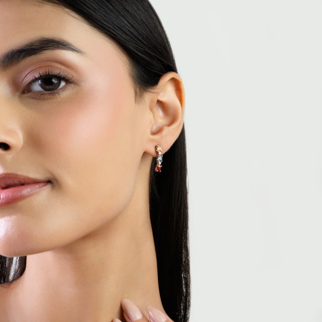 Elegant Multi Sapphire & Diamond Three Stone Silver Drop Valentine Earrings- A Pair For Sale - Image 4 of 10