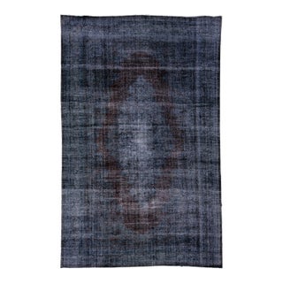 Mid 20th Century Dark Blue Vintage Handmade Overdyed Turkish Wool Rug With Medallion Motif For Sale