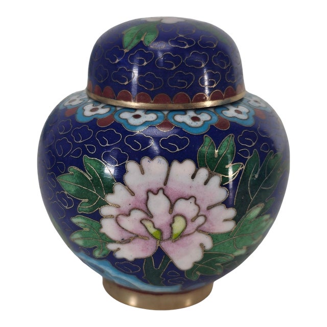 Vintage Chinese Cloisonné Floral Ginger Jar, Cobalt Blue, 3.5" For Sale