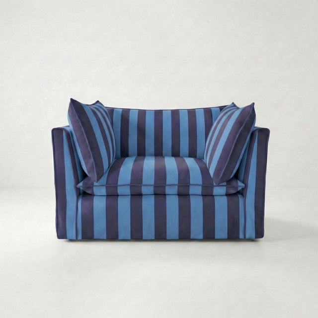 Sophie Conran Coco Loveseat - Coastal Blue & Navy Blue Stripes with Knife Edge Cushion For Sale - Image 4 of 4