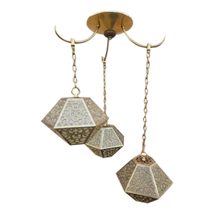 Vintage Asian Pierced Brass Trio of Multi Tiered Ceiling Pendant Chandelier Light