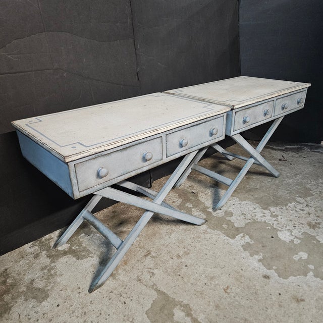 Mid 20th Century Pair of Blue Painted Single Drawer X Frame Side Tables With Blue Accent Line on Top For Sale - Image 12 of 15