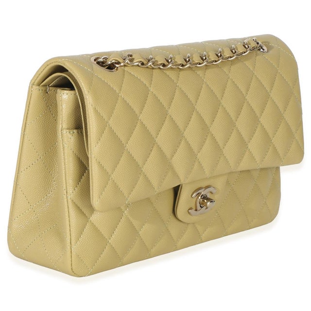 Traditional Olive Quilted Caviar Medium Classic Double Flap Handbag For Sale - Image 3 of 9