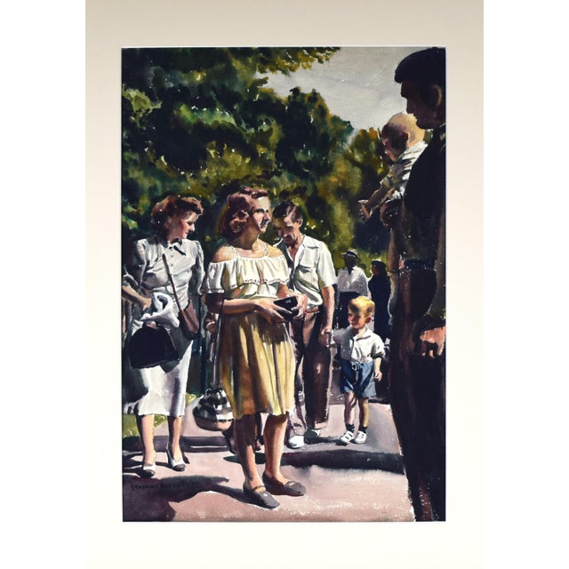 Large vintage painting of a group of people walking on a pathway in a park by Stephen Horvath. Watercolor on heavy paper,...