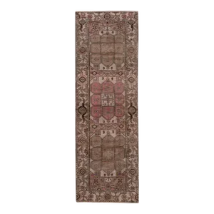 1960s Vintage Persian Malayer Handmade Brown Geometric Wool Runner