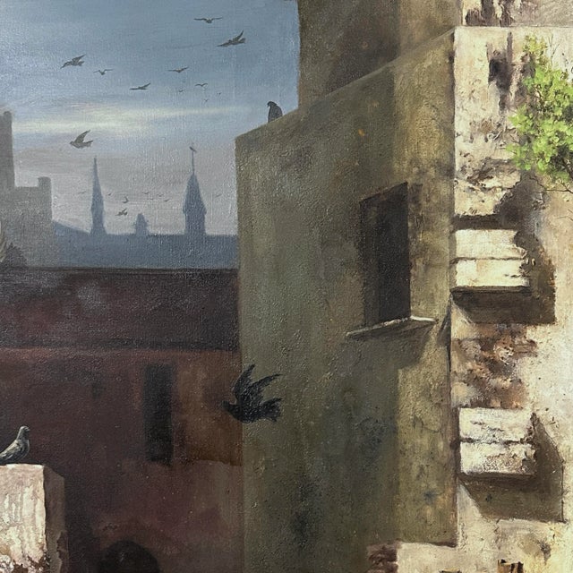 Vintage Fantasy Realist Abandoned Cityscape by Paul Gorka, Signed (1970, Oil on Canvas) For Sale - Image 9 of 9