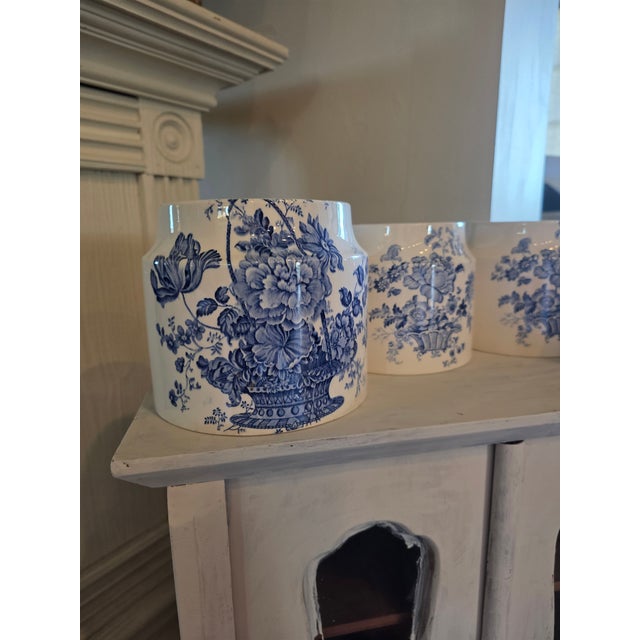 Four Vintage English Blue and White Storage Canisters For Sale - Image 4 of 17