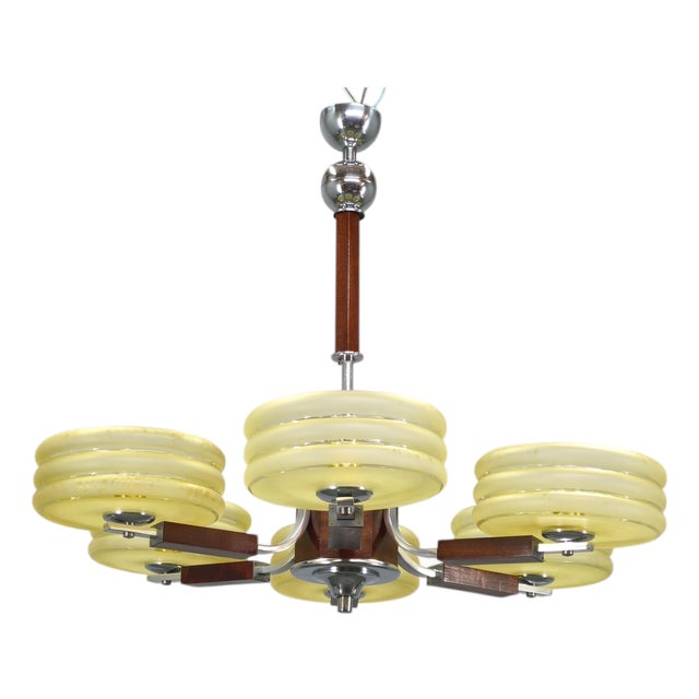Art Deco Chrome and Walnut Chandelier, Czechoslovakia, 1930s For Sale