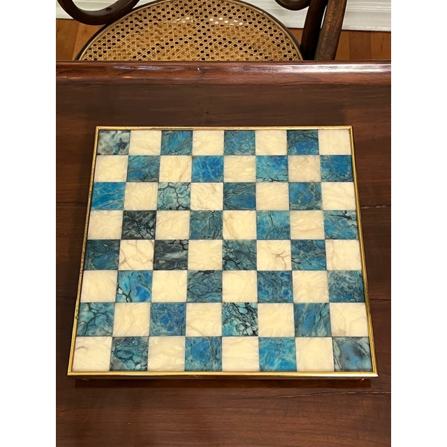 Chinese Stone Chess Set on Brass Framed and Footed Board in Blue and White, 1960s For Sale - Image 13 of 15