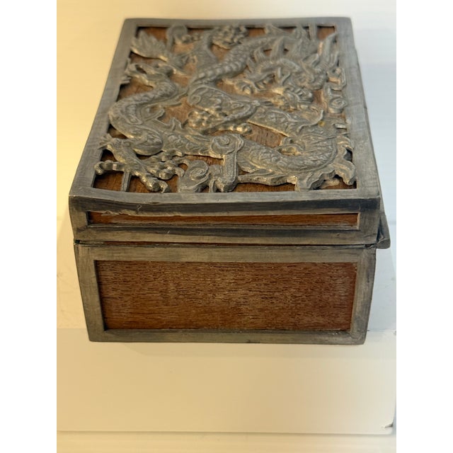 Metal Vintage Chinese Dragon Relief Wood & White Metal Decorative Trinket Box For Sale - Image 7 of 12