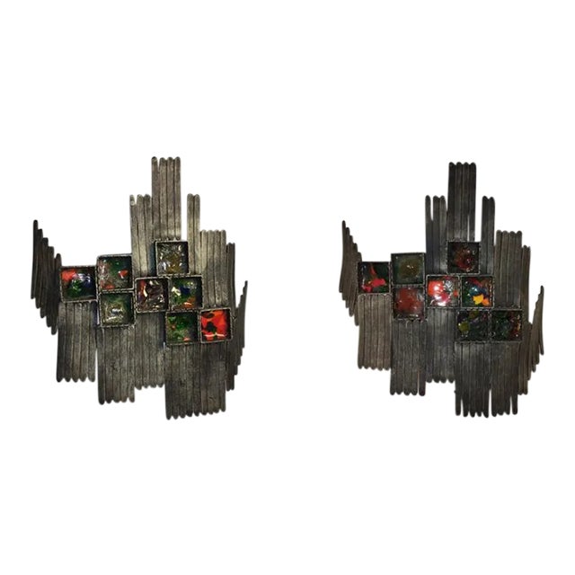 Pair of Mid Century Italian Brutalist Blackened Iron & Geometric Multi Colored Murano Glass Sconces For Sale