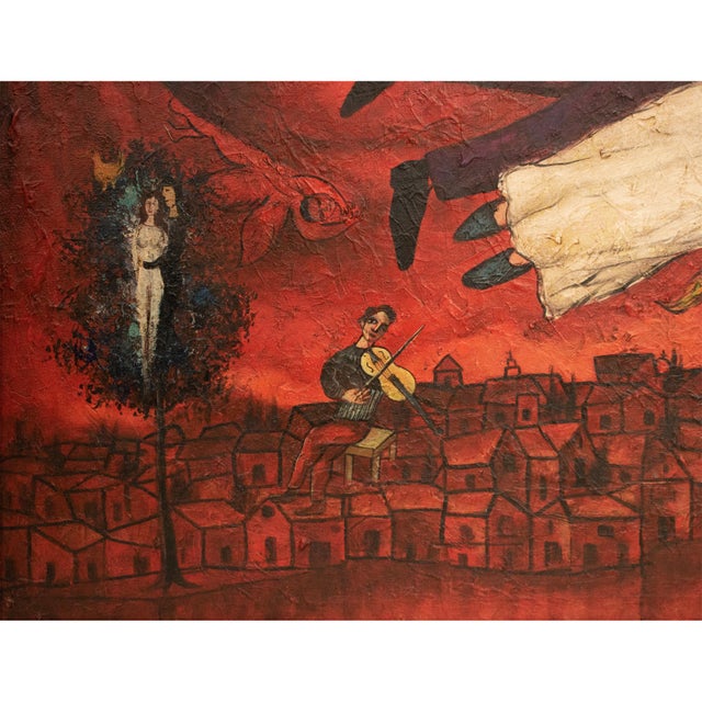 XL Mid 20th Century Surrealist Painting, Manner of Chagall, Framed For Sale - Image 11 of 12