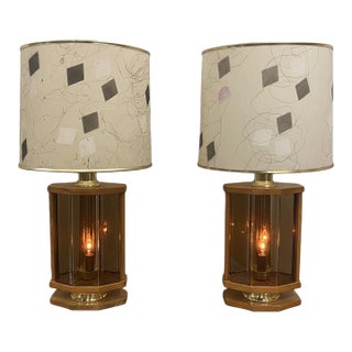 1960s Mid Century Modern Amber Glass Flickering Lamp Set of Two With Shades - a Pair For Sale