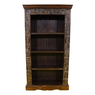 Carved Wooden Bookcase with Floral Motifs and Stylized Figures For Sale