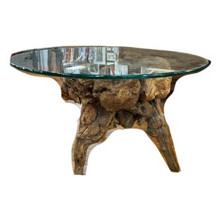 Vintage Driftwood Root Base Round Glass Top Coffee Table For Sale