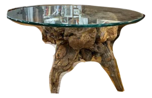 Vintage Driftwood Root Base Round Glass Top Coffee Table