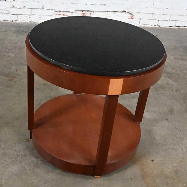 Late 20th Century Art Deco Revival Custom Designed Two Toned Mahogany Round Side Table With Black Granite Top For Sale - Image 6 of 13