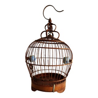 Antique Chinese Wicker/Wood Birdcage- Porcelain Feeders For Sale