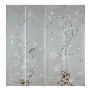 Grey Floral Chinoiserie Mural Hand Painted Wallpaper - 4 Panels For Sale