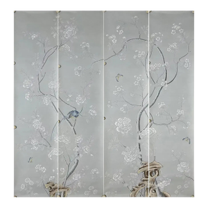 Grey Floral Chinoiserie Mural Hand Painted Wallpaper - 4 Panels