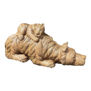 Vintage Large Hand Carved Wooden Bear and a Cub Sculptural Figure For Sale