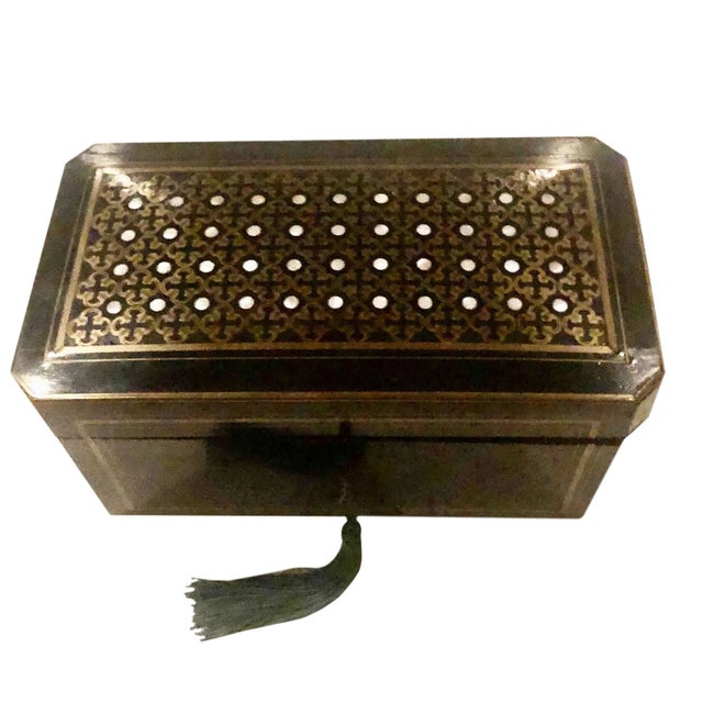 Black 19th Century French Black Lacquer, Mother of Pearl and Brass Inlay Tea Caddy For Sale - Image 8 of 8