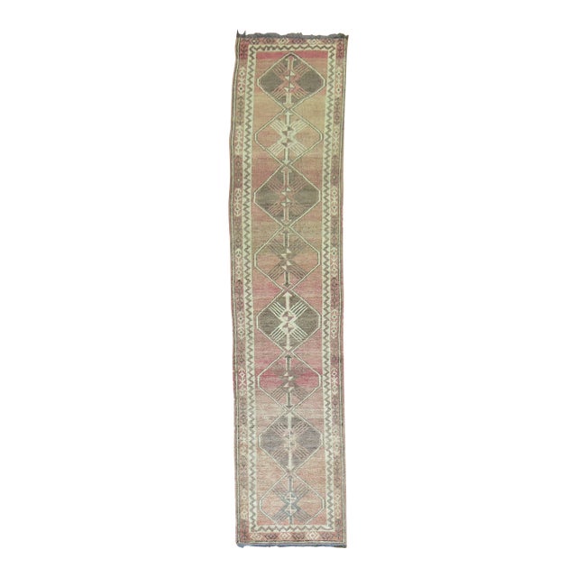Vintage Geometric Turkish Soft Pink Runner - 2'9" x 12'6" For Sale