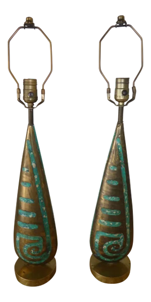 Pepe Mendoza Bronze and Turquoise Stone Inlaid Lamps - a Pair