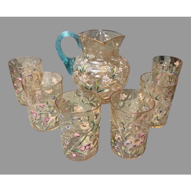 Antique Victorian Floral Hand Painted Enamel Decorated Art Glass Pitcher With 6 Glasses For Sale - Image 6 of 10