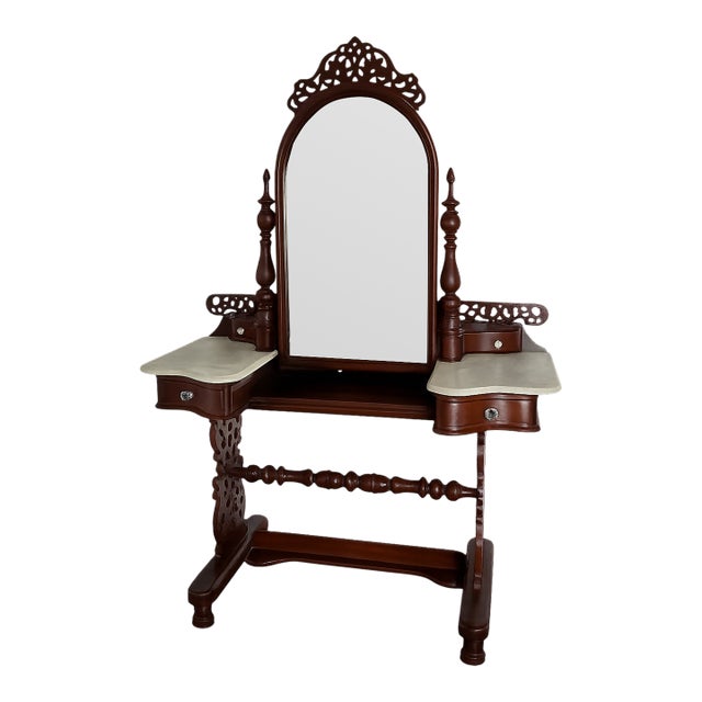 Antique Anglo-Indian Carved Hardwood Marble Top Vanity Dressing Table For Sale