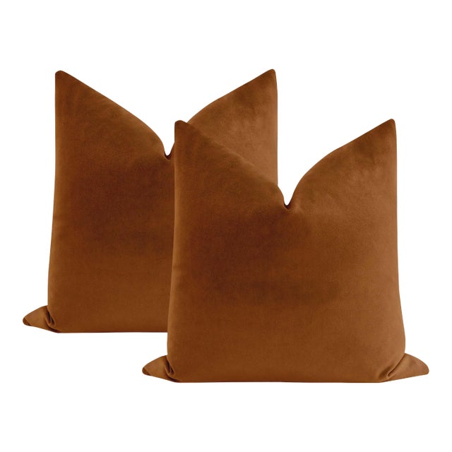 22" Cognac Contemporary Velvet Pillows- a Pair For Sale