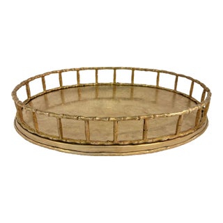 Vintage Brass Faux Bamboo Chinoiserie 12” Oval Gallery Tray For Sale