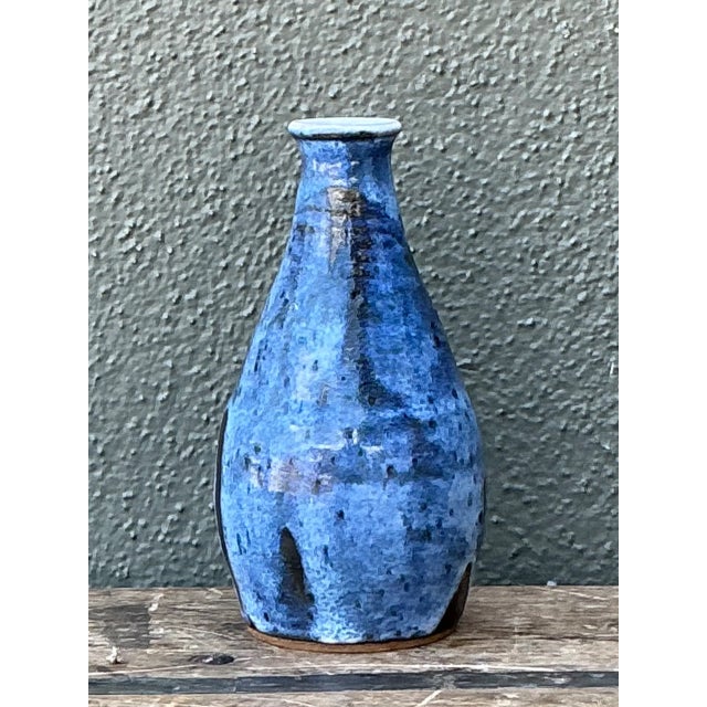 Late 20th Century Vintage Blue Glazed Ceramic Vase For Sale - Image 5 of 12