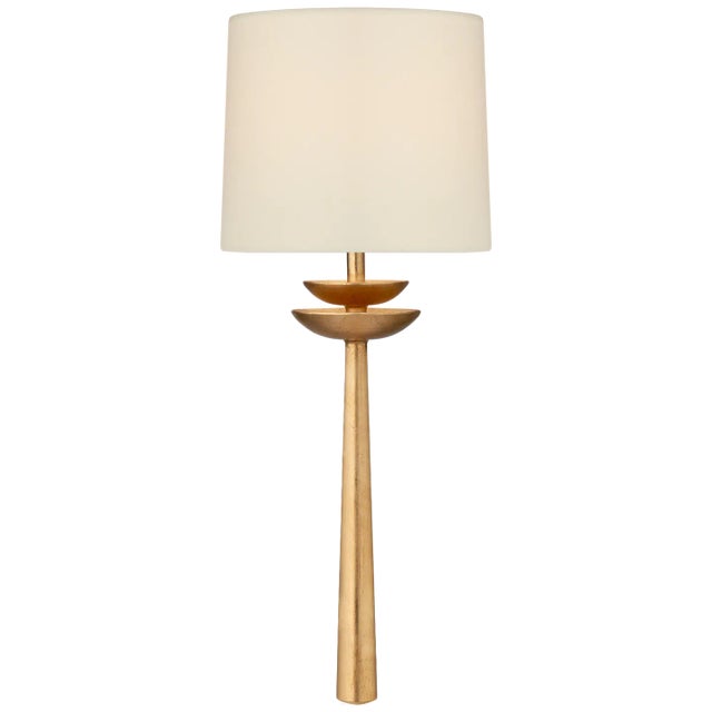Beaumont Medium Tail Sconce in Gild with Linen Shade Designer: AERIN Height: 19" Extension: 5.25" Backplate: 4.25" x 6.25"...