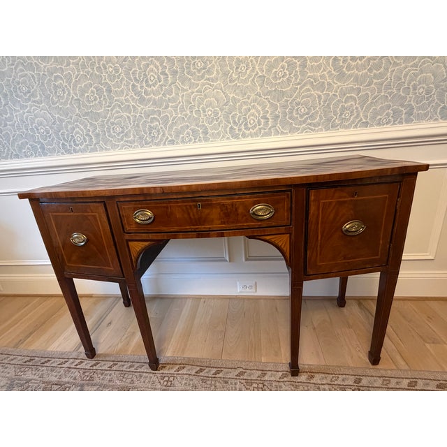 Neoclassical Antique English Regency Style Mahogany Sideboard / Server With Inlay & Brass Hardware For Sale - Image 3 of 7