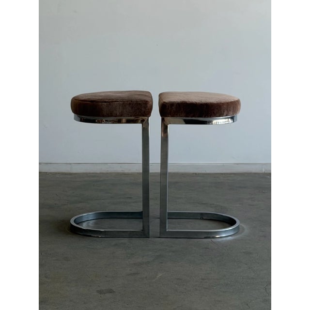 Modern Vintage Cantilevered Bar Stools in Mohair - Pair For Sale - Image 3 of 10
