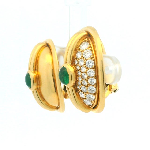 Vintage 18k Yellow Gold Diamond and Emerald Cabochon Clip-on Earrings, Pair For Sale - Image 9 of 13