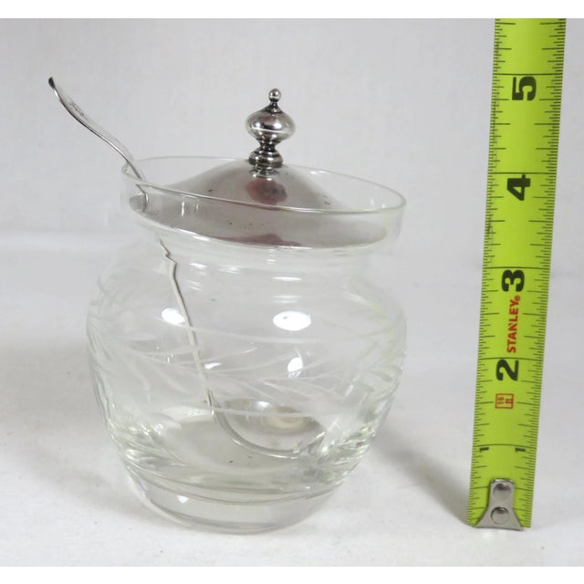Vintage 1950s Mid Century Etched Decorated Crystal & Sterling Silver Jam Jar & Spoon Set For Sale - Image 10 of 13
