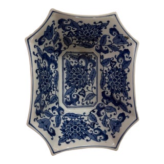 Blue & White Chinoiserie Porcelain Cachepot / Decorative Planter – 9” Square Floral Motif For Sale