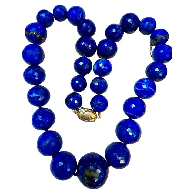 Vintage Lapis Lazuli Single Strand Necklace Yellow Gold 14K Clasp With Diamond For Sale - Image 15 of 18