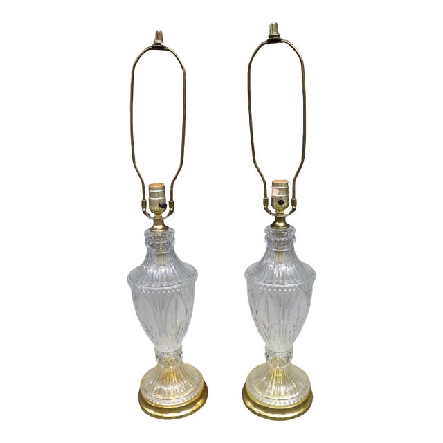 Late 20th Century Cut to Clear Crystal Table Lamps With Brass Bases - a Pair For Sale